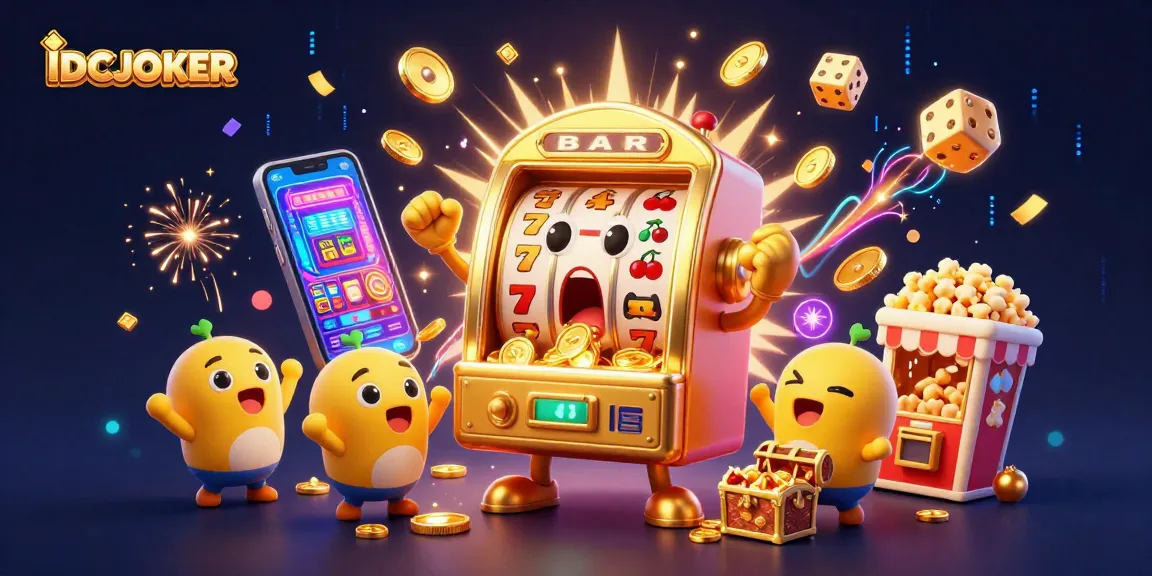 IDCJOKER slot machine winning a jackpot, surrounded by celebratory elements and dynamic casino visuals.