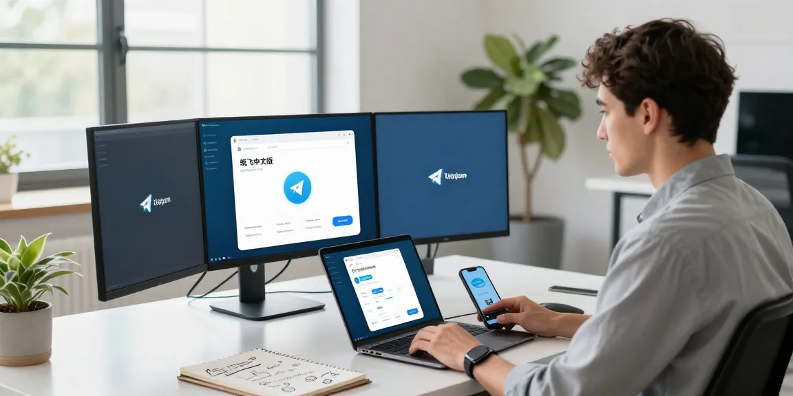 Young professional using 纸飞机中文版 on multiple screens in a modern workspace