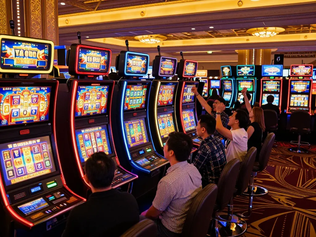 Players experiencing thrilling slot 200 action at colorful machines in a lively casino atmosphere.
