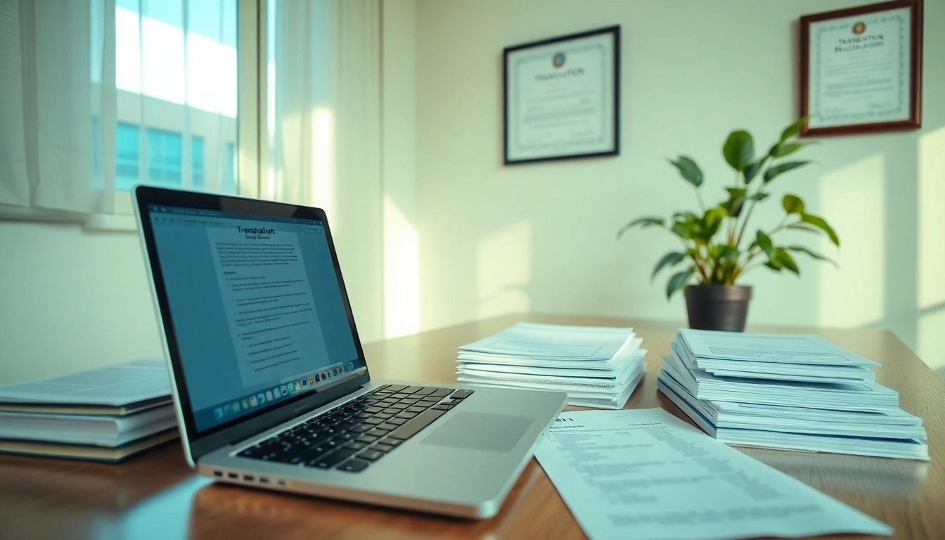 Traduttore giurato working at a professional desk with legal documents and certifications.