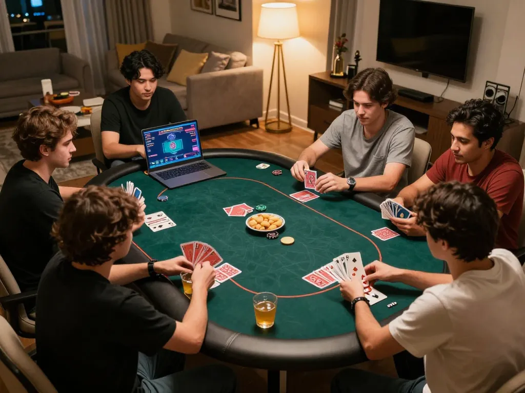 Players strategizing in an online poker game using f8bet platform with engaging visuals and snacks.