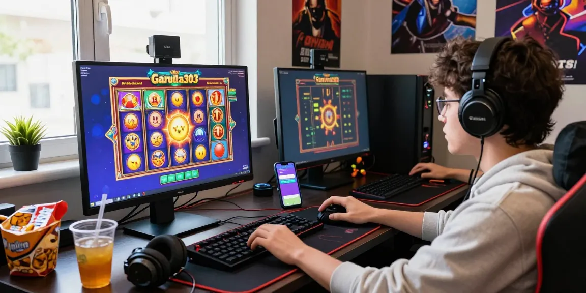 Engaged player enjoying Garuda303 online slots with colorful graphics and snacks in a vibrant room