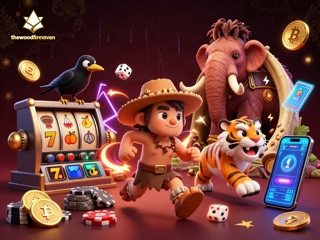 thewoodfiredoven memimpin permainan jackpot dengan simbol buah dan roda slot di kasino prasejarah.