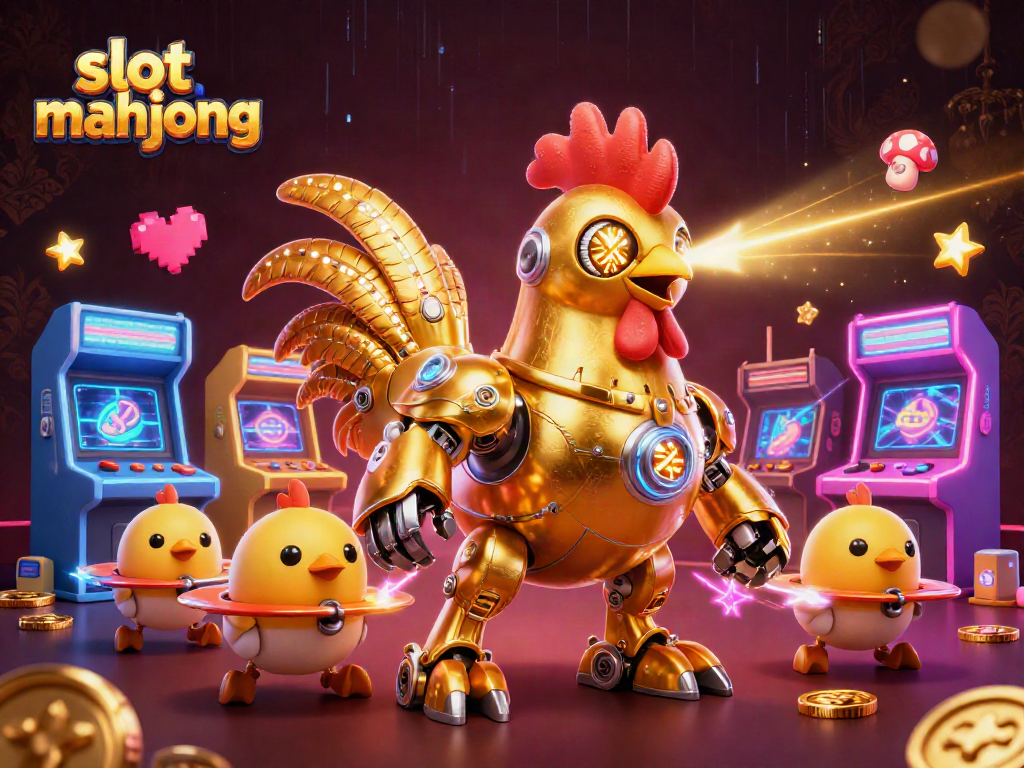 Engage in exciting slot mahjong action with our vibrant casino-themed 3D illustration, featuring a golden rooster robot.