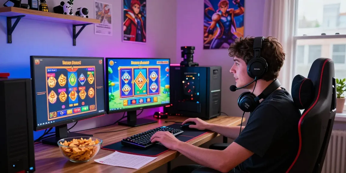 Engaging player enjoying slot depo 5k games on vibrant screens in cozy home setup.