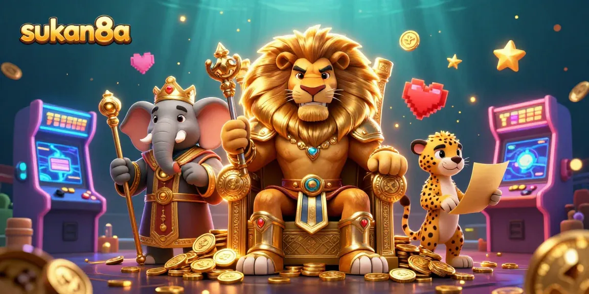 Sukan8a showcases a vibrant 3D scene featuring royal casino characters engaging in a dynamic gambling atmosphere