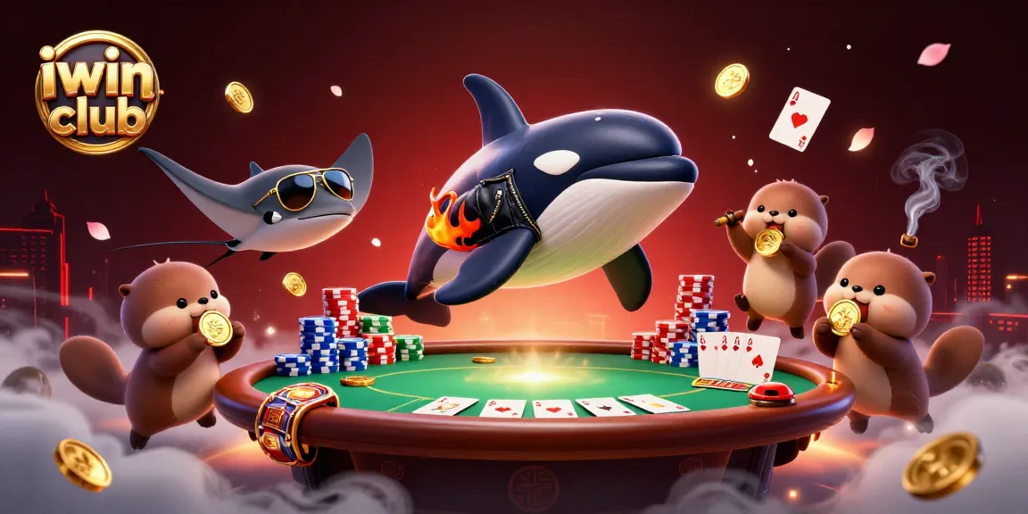 Experience thrilling action in iwin club with an orca, stingray, and otters at a vibrant poker game.