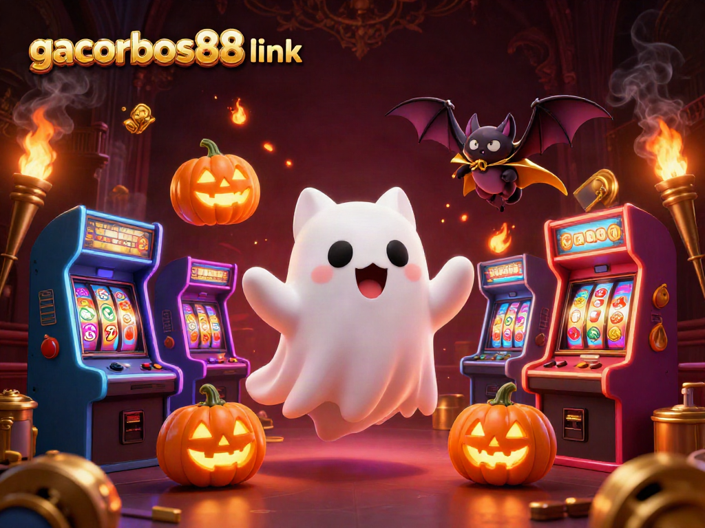 Experience thrilling wins with gacorbos88 link as a ghost cat and bat explore this haunted casino scene.