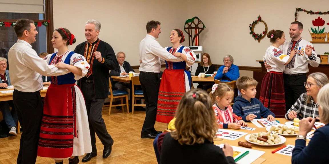 Community gathering at Polish cultural center celebrating heritage, families enjoying activities from https://www.sfpol.com/.