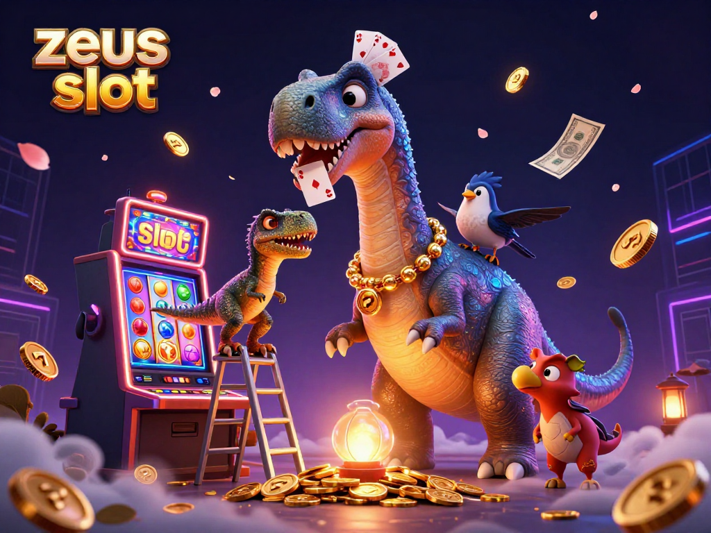Join the action in zeus slot with a playful dinosaur dealing cards in a vibrant casino scene.