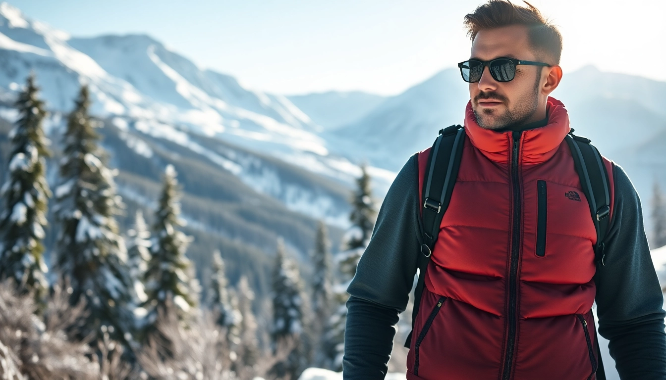 Hiker in heated vests against a snowy mountain backdrop, showcasing warmth and style.