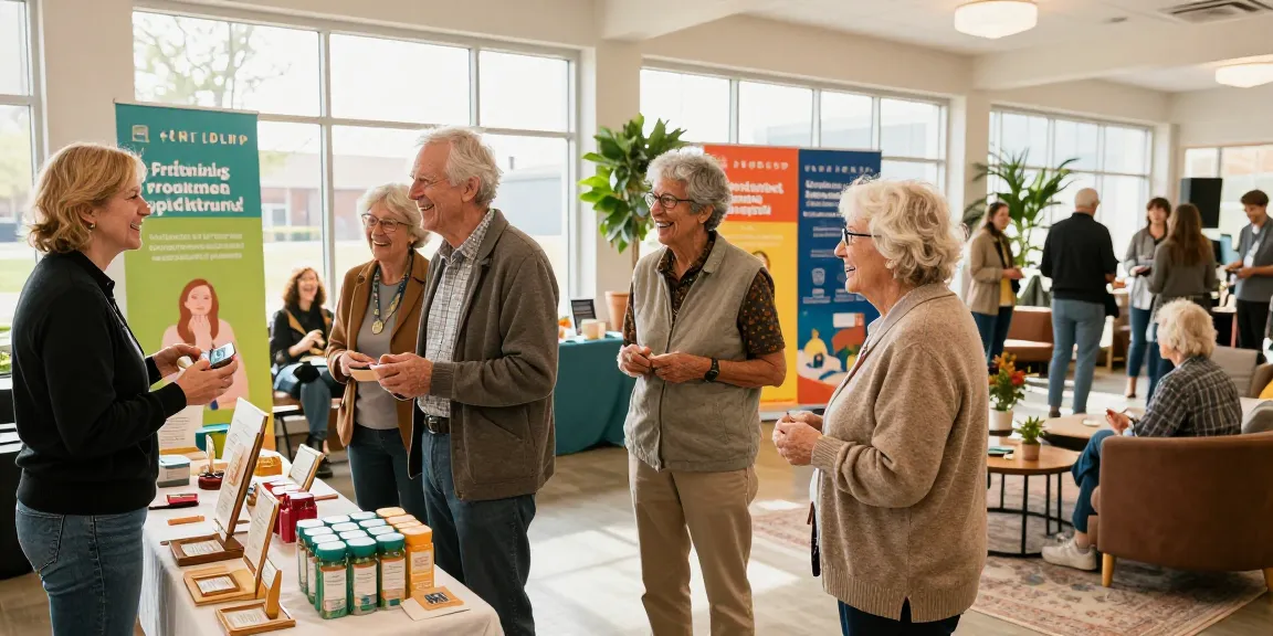 Experience seniormall with seniors engaging at vibrant community marketplace promoting wellness.