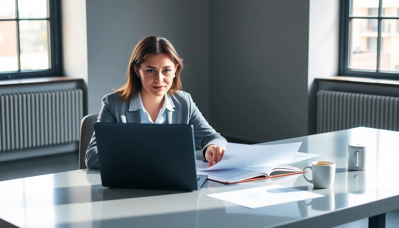Consultant reviewing grants and pre-post award compliance documents in a modern office.