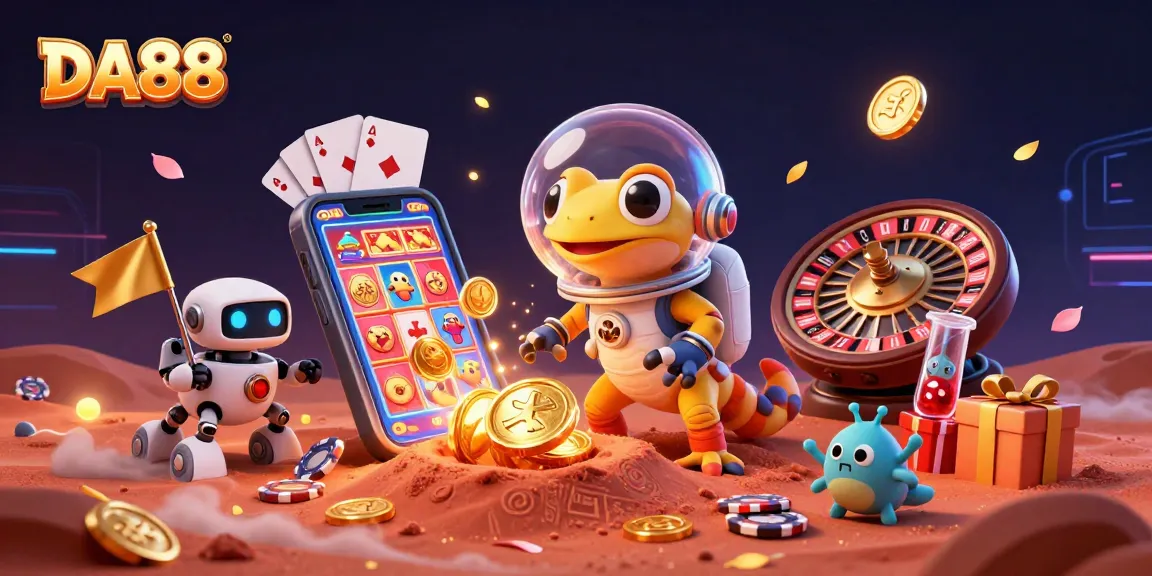 Play and win at DA88 with a colorful slot game, golden coins, and a cheerful Martian gecko.