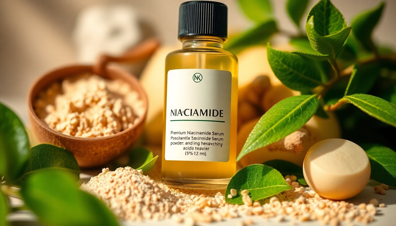 Premiumflaska med niacinamidserum och naturliga ingredienser som visar hudfördelarna.