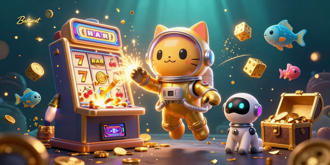 Baccarat gaming scene with a floating astronaut cat and robot dog amidst golden jackpots and vibrant casino elements