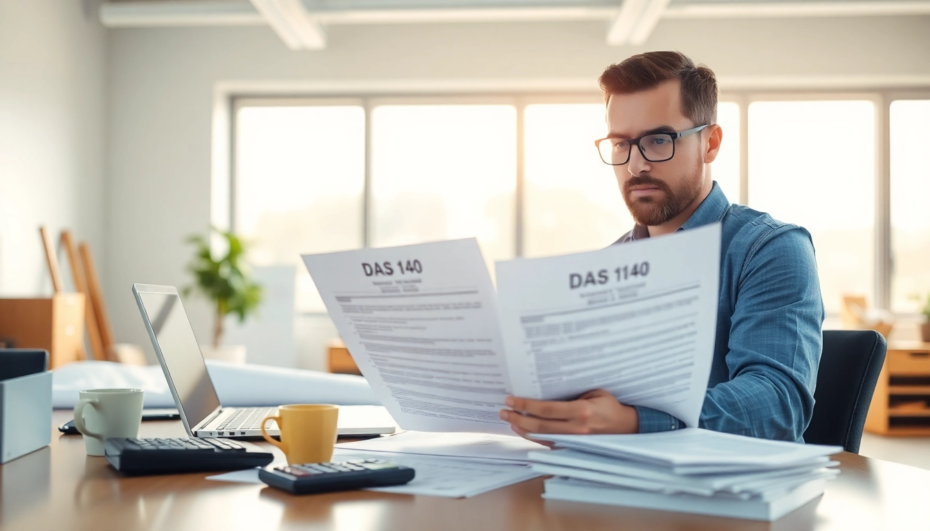 DAS 140 form being reviewed by a contractor in a focused office environment.