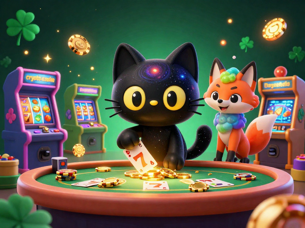Engage with the crypto casino magic featuring a black hole cat and colorful fox at a whimsical table.