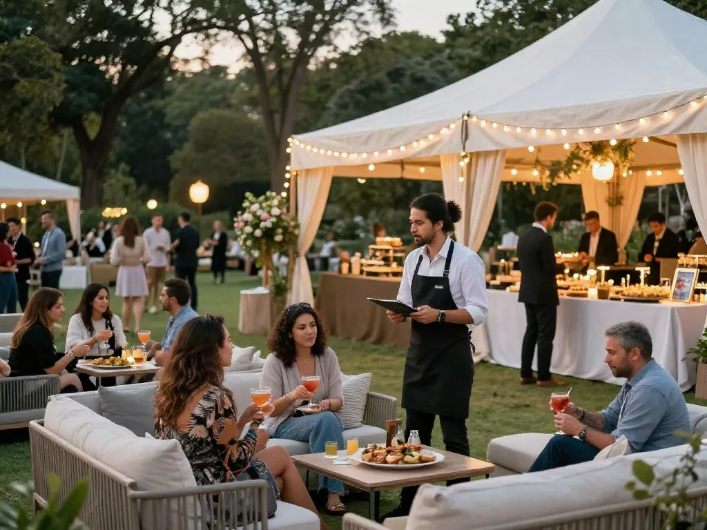 Event rental ksa scene showcasing beautiful outdoor setup with elegant tents and lounge seating for a stunning celebration.