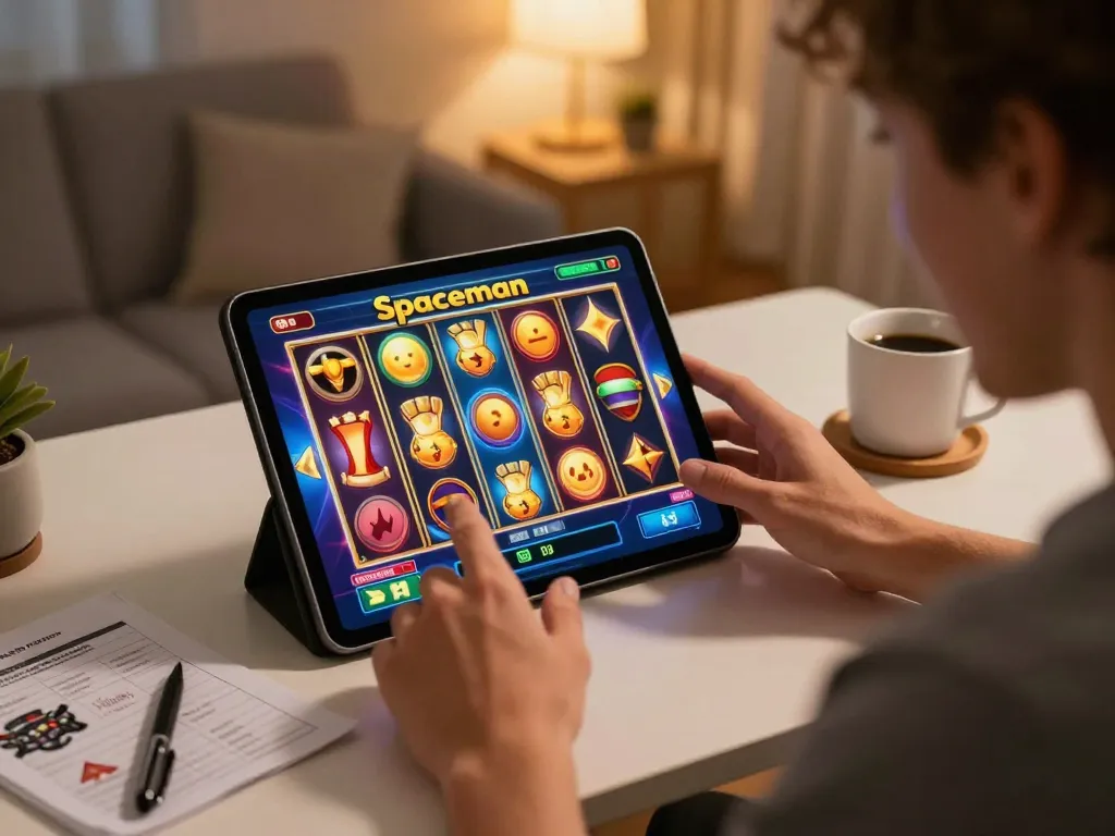 Engaging gameplay of Spaceman slot on tablet, showcasing colorful graphics and a cozy home gaming setup.