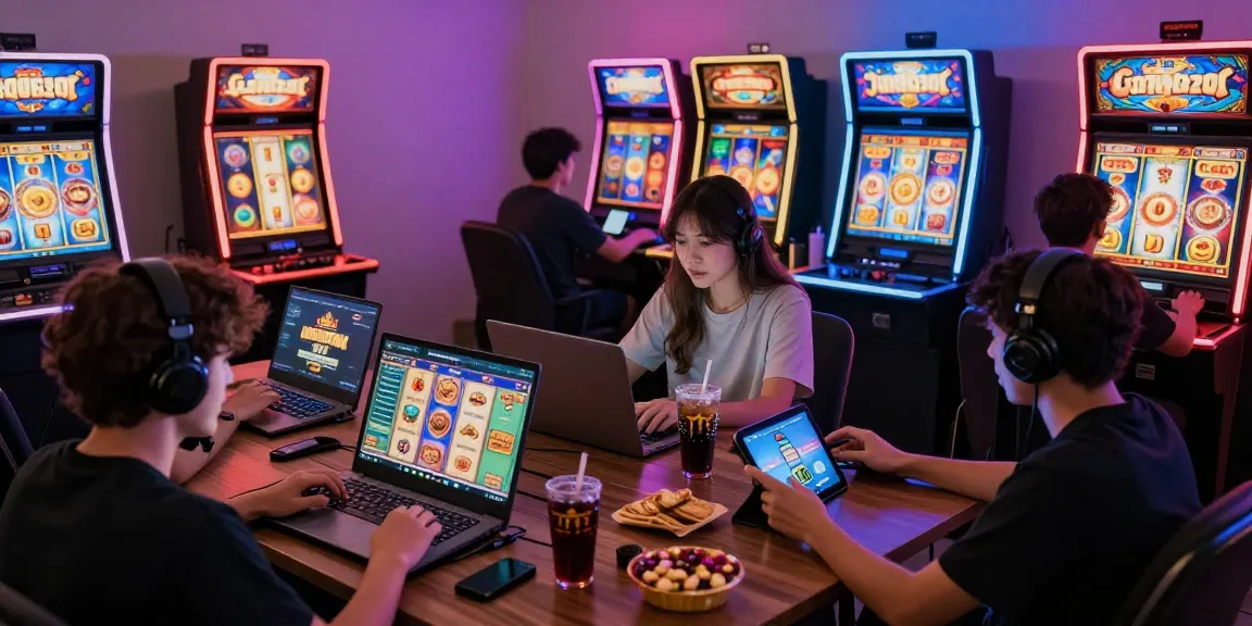 Exciting garuda303 online gaming moment with diverse players interacting with vibrant slot games.
