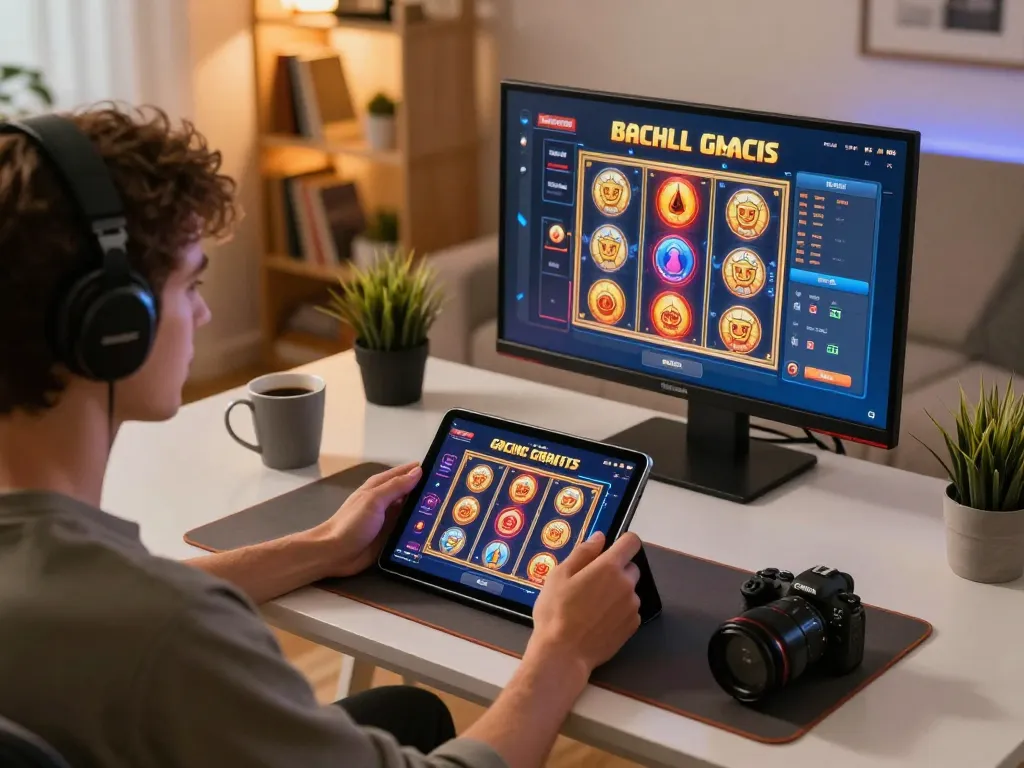 Playing giochi casino gratis senza registrazione on a tablet at home, capturing vibrant slot gameplay in a cozy atmosphere.