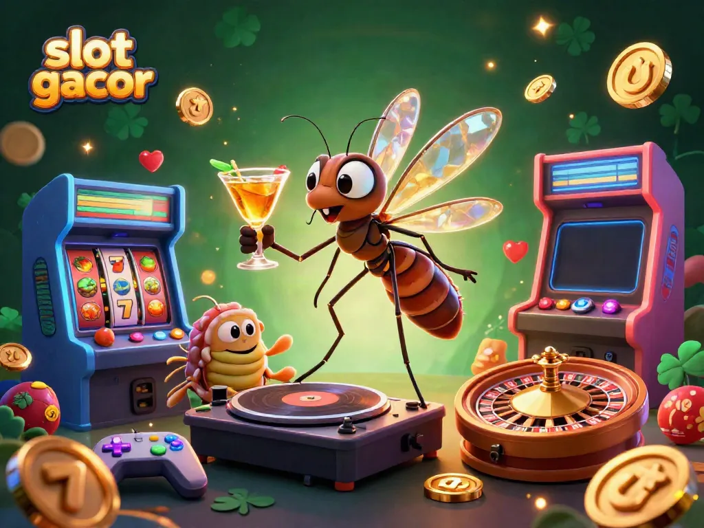 Engage in the thrill of slot gacor with vibrant casino characters and lively gaming elements in a dynamic scene.