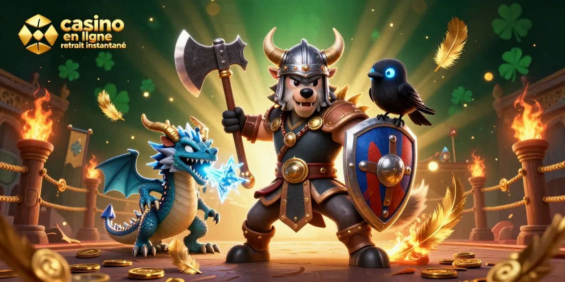 Illustration dynamique de casino en ligne retrait instantané avec des personnages de guerriers et un dragon fantastique.