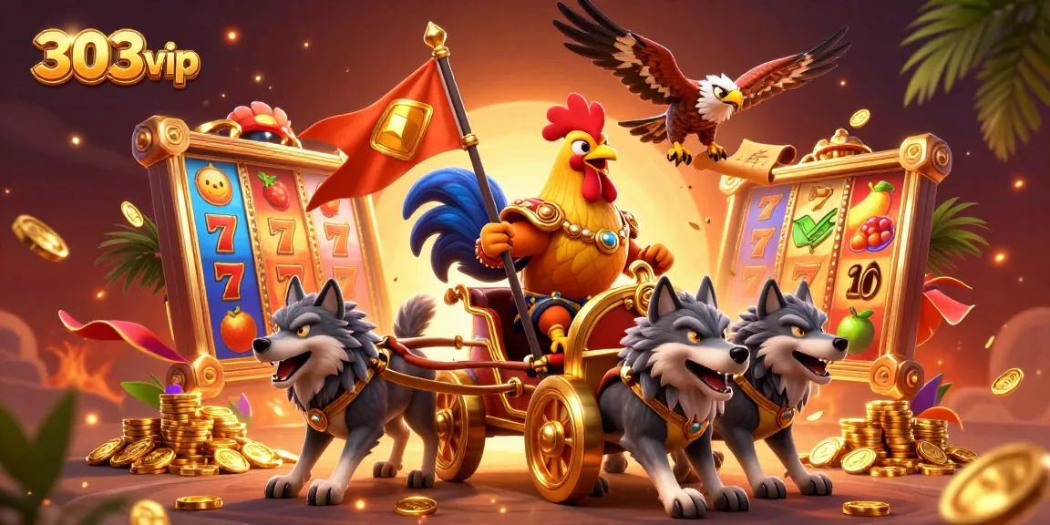 Win big at 303vip with this vibrant casino scene featuring dynamic slot reels and a golden warlord.