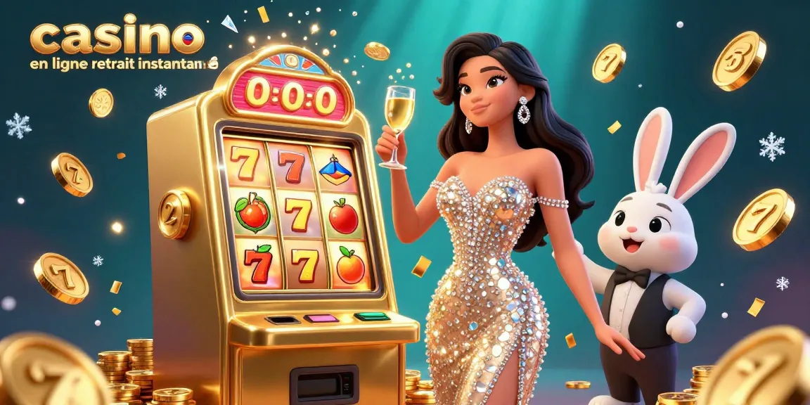 Découvrez le casino en ligne retrait instantané avec une scène glamour d'une femme célébrant aux côtés de machines à sous et de pièces.