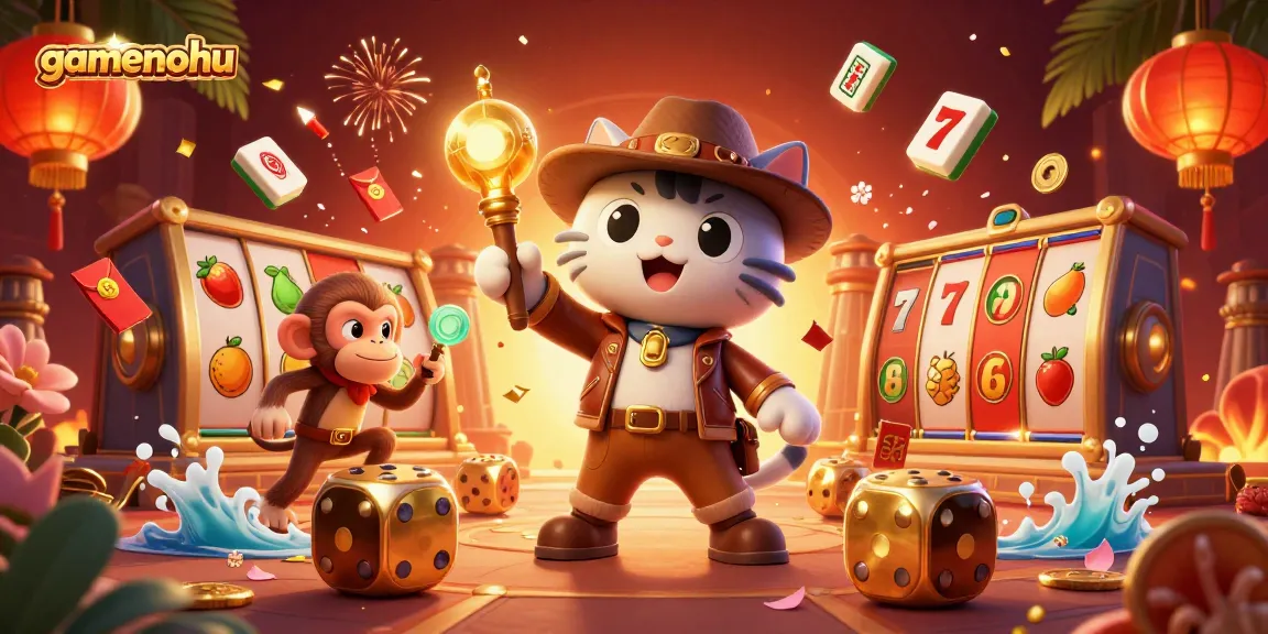 Experience thrilling wins at gamenohu with a vibrant scene of slot machines and a treasure hunt!