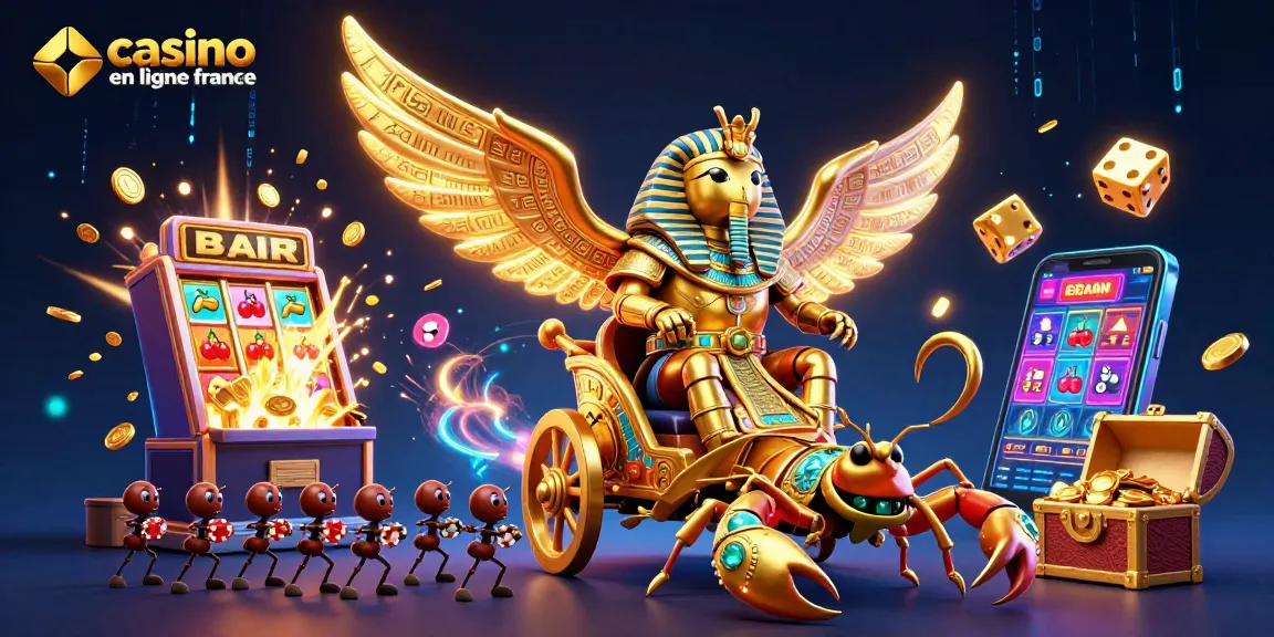 Découvrez casino en ligne France avec un scarabée en armure dorée et des scorpions, entourés de machines à sous.