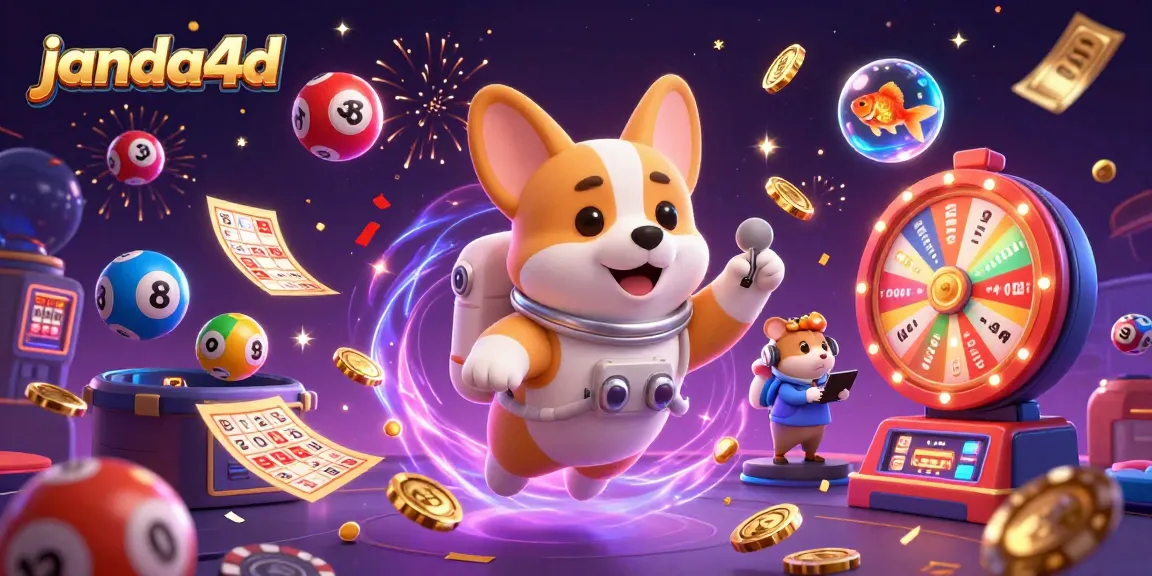 Janda4d menghadirkan corgi astronaut dalam kasino luar angkasa, melayang dengan chip poker dan koin emas.