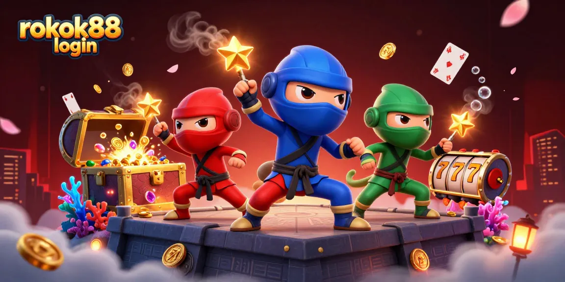 Engage with the thrilling rokok88 login scene showcasing a ninja chameleon team surrounded by vibrant casino elements.