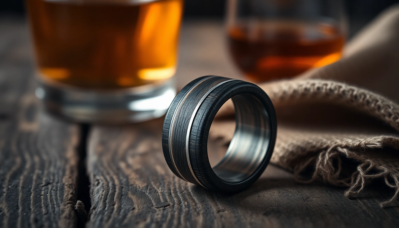 Stylish Whiskey Barrel Wedding Bands showcased with rustic charm and natural lighting.