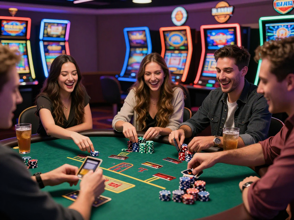 Excited friends playing blackjack at credit card casinos, surrounded by vibrant casino lights.