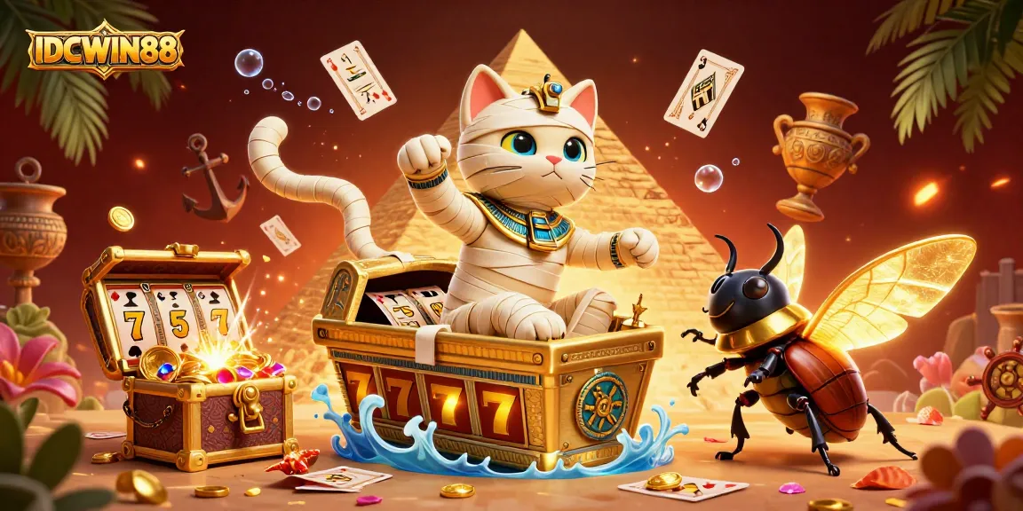 IDCWIN88 features a mummy cat and glowing scarab beetle in a dynamic casino scene with slot elements.