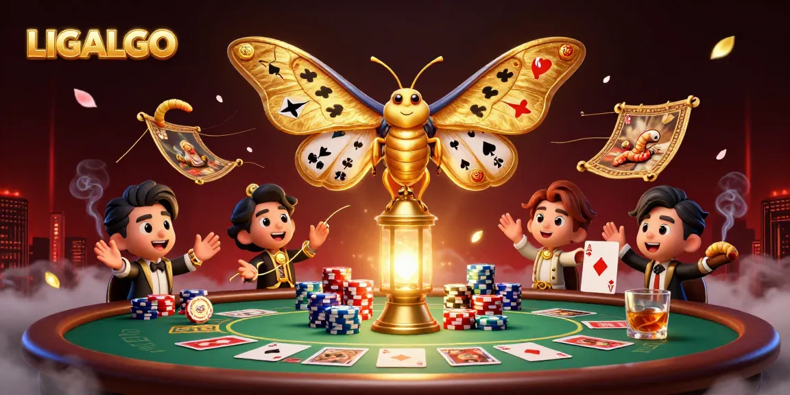 LIGALGO showcases a vibrant 3D casino scene featuring an atlas moth and dynamic poker elements.