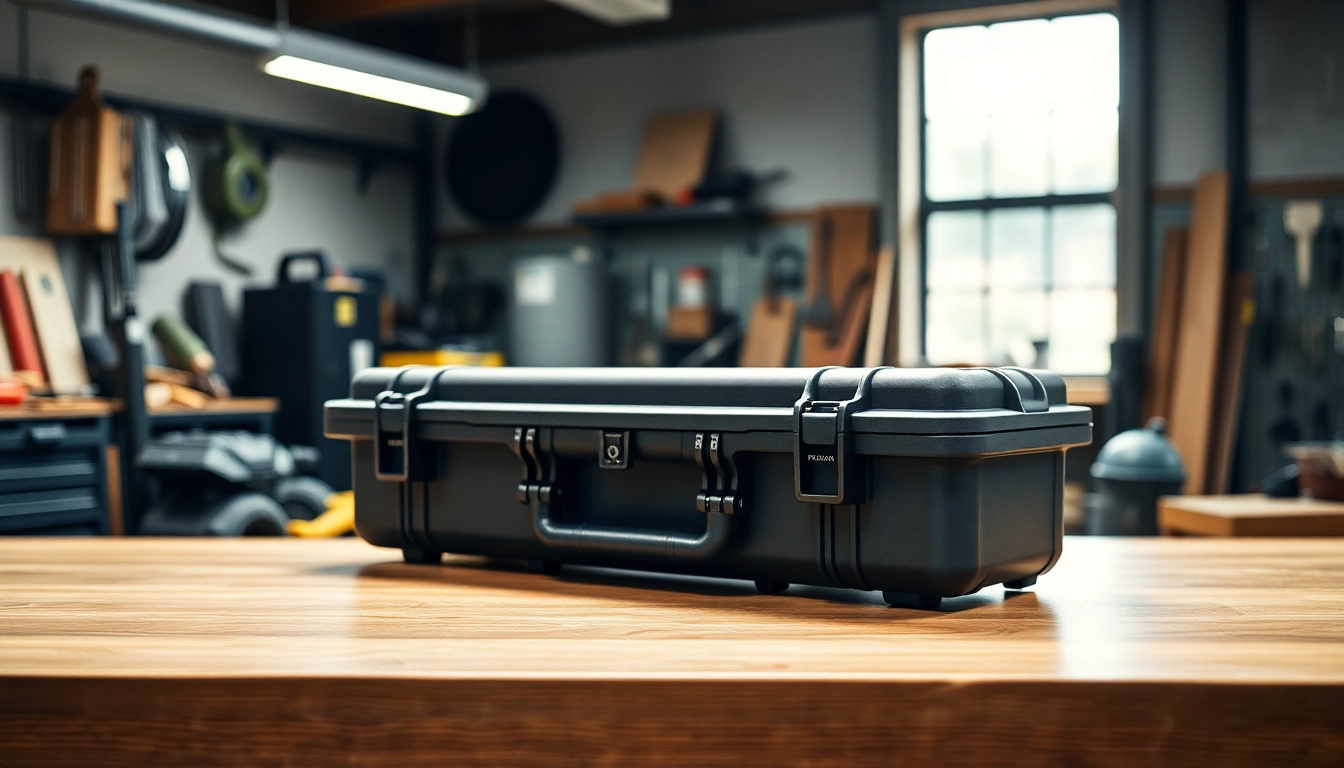 Showcasing a pelican rifle case with rugged design and locking mechanisms on a workshop table.