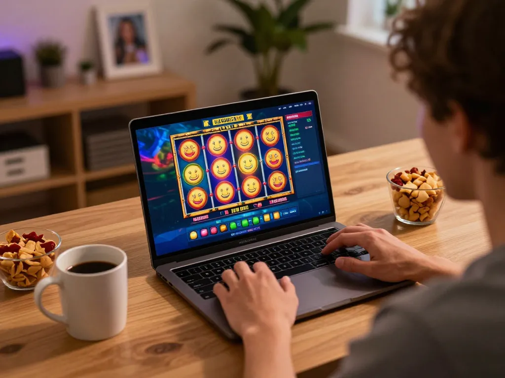 Engaged player spinning reels in an exciting slot online game at home with cozy setup.