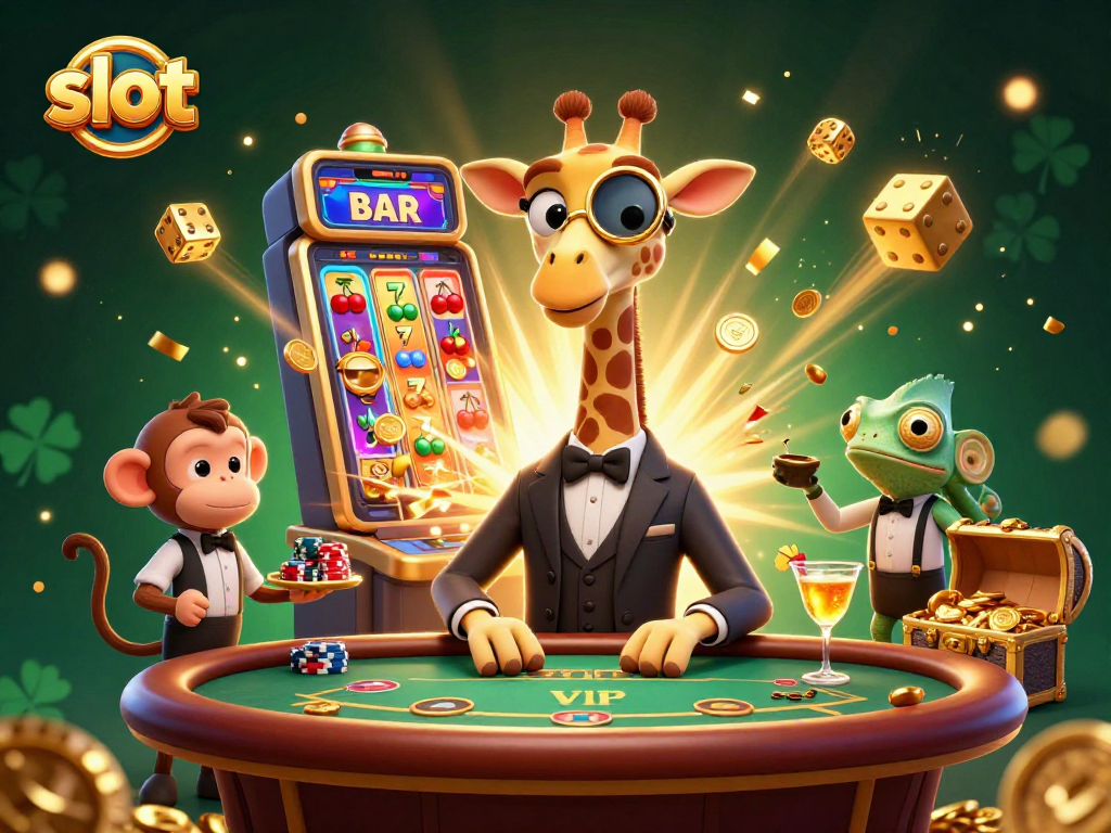 Experience thrilling slot action with a high-roller giraffe and lively casino scene.
