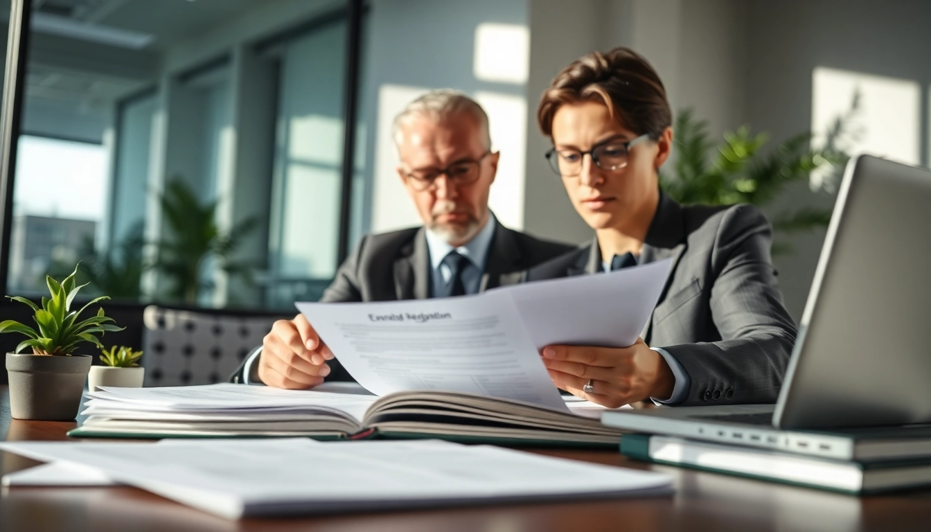 Environmental lawyer studying regulations with focused expression in a contemporary office.