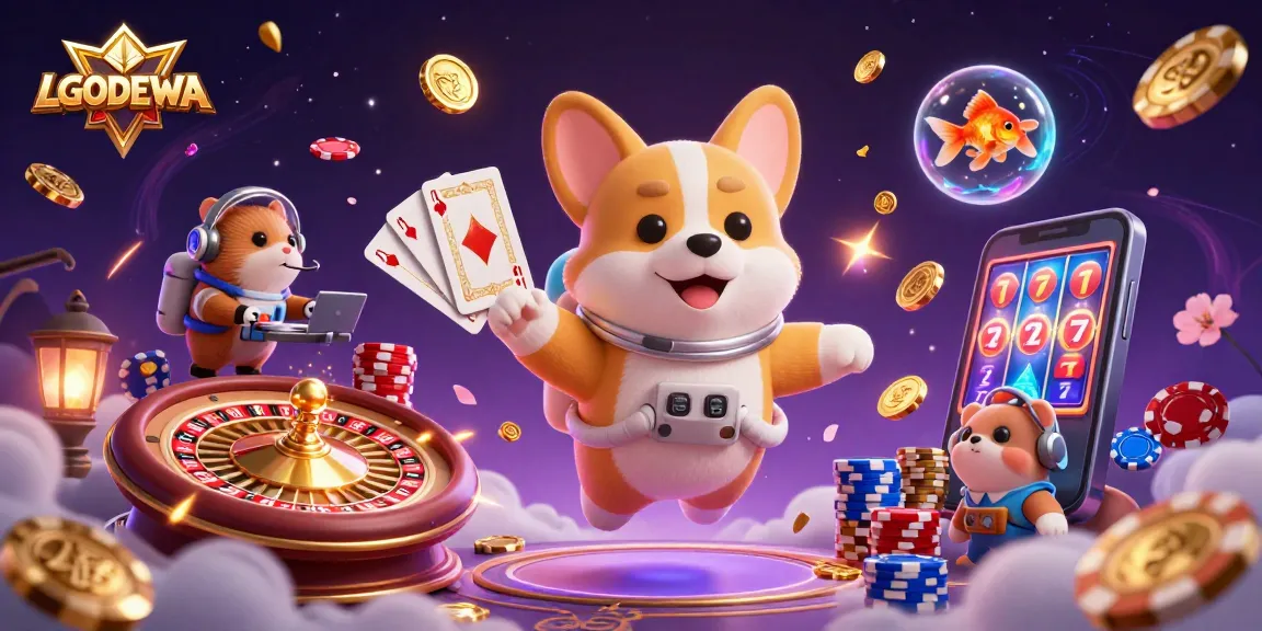 Experience LGODEWA's thrilling jackpots with vibrant 3D illustrations of floating casino elements.
