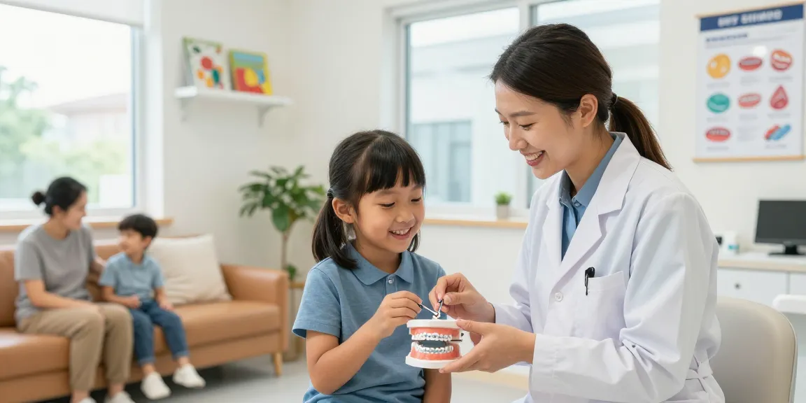 Ceramic braces demonstration by orthodontist with child in inviting clinic environment.