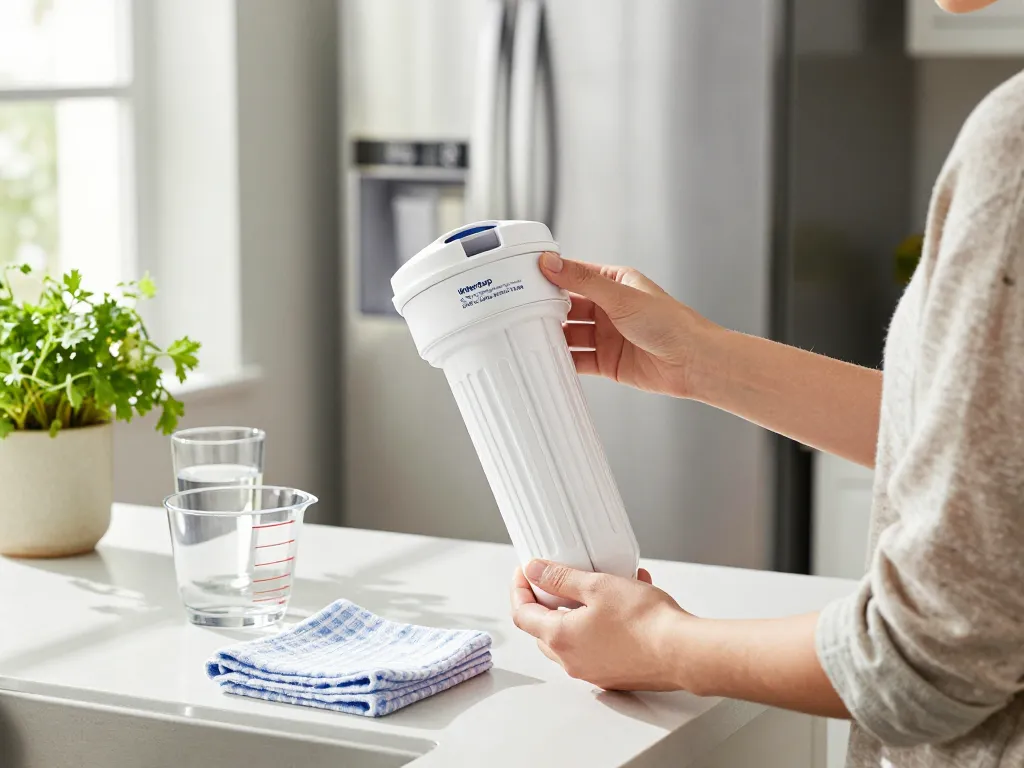 Replacing Waterdrop DA97-17376B Replacement for Samsung® HAF-QIN Refrigerator Water Filter in a sunny kitchen.