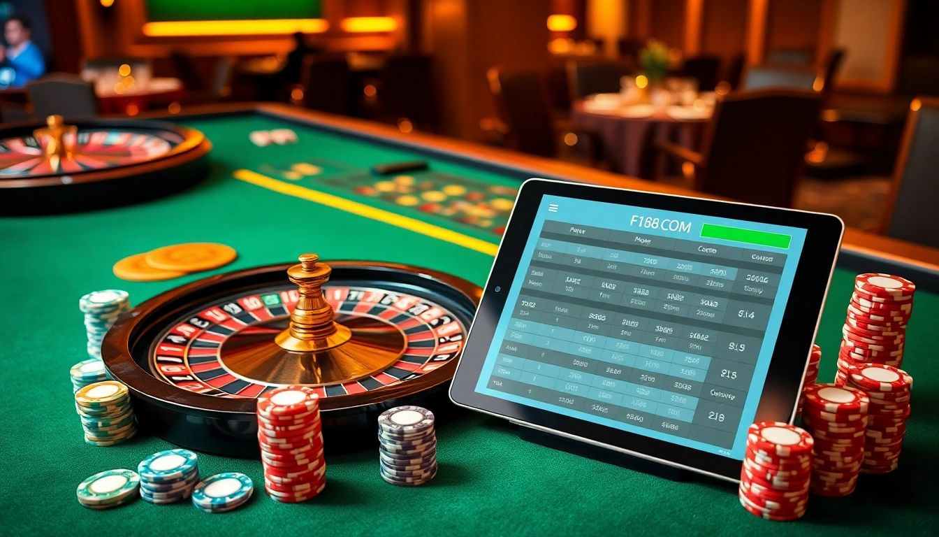 Experience the excitement of F168.COM with vibrant poker chips and a spinning roulette wheel.