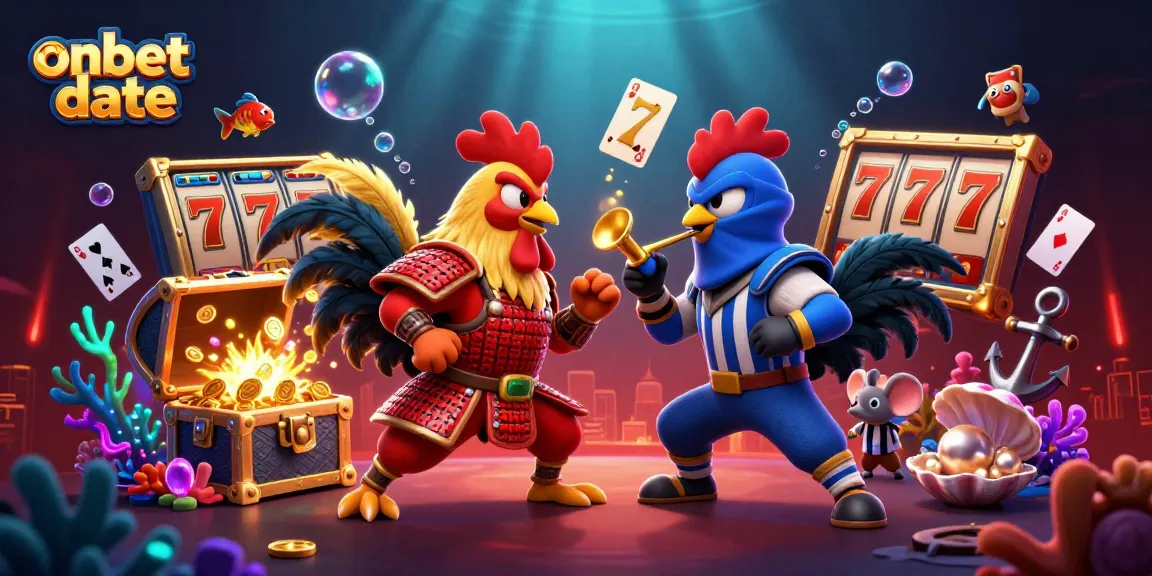 Battle between red and blue roosters in onbet date themed casino scene with vibrant game elements