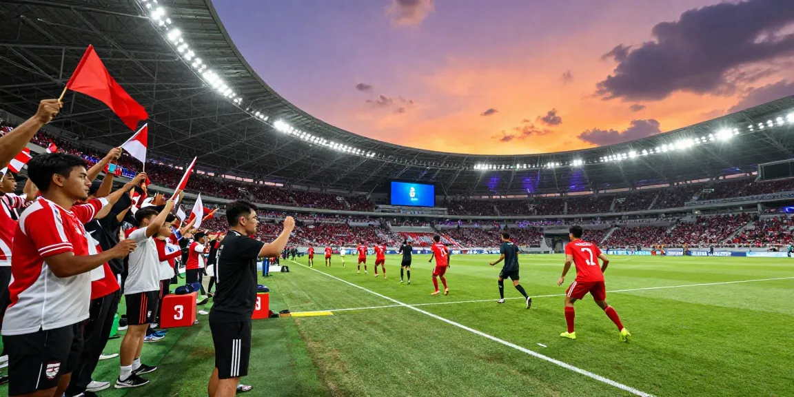 Crowd at a football stadium during a match showcasing excitement for https://media.upin.ac.id/ with fans cheering, players warming up, and vibrant atmosphere.
