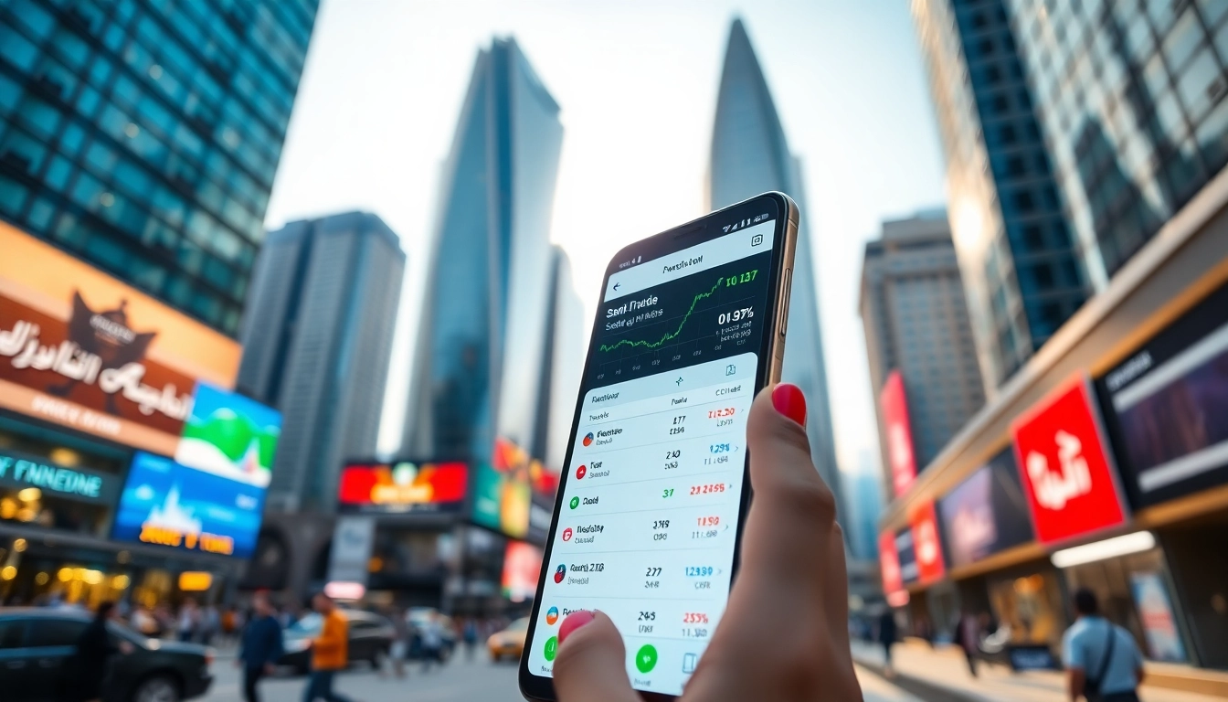 Showcase mobile stock trading app In Saudi Arabia interface on a smartphone against a lively city backdrop.