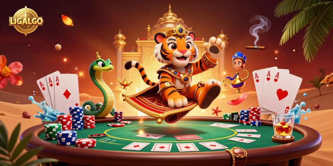 LIGALGO's enchanting scene showcases a tiger sultan on a poker carpet, surrounded by colorful poker chips and cards.
